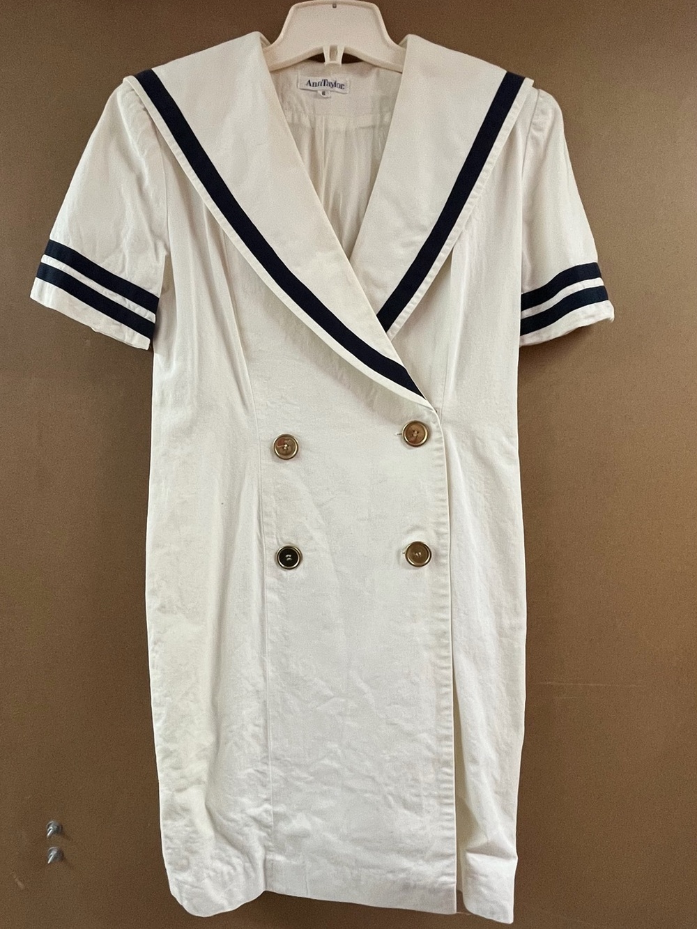 Vintage Ann Taylor White Sailor-Style Double-Breasted Mini Dress with Navy Trim